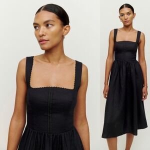 Reformation Tagliatelle Linen Midi Dress Black LBD 0